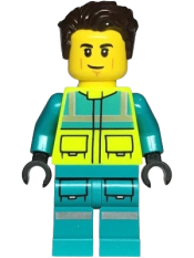 LEGO Paramedic - Male, Dark Turquoise and Neon Yellow Safety Vest, Legs with Silver Reflective Stripes, Dark Brown Hair minifigure