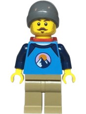 LEGO Hiker - Male, Dark Azure and Dark Blue Shirt with Mountains, Dark Tan Legs, Dark Bluish Gray Beanie, Red Backpack Thin minifigure