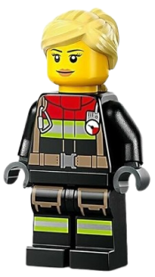 LEGO Fire - Female, Black Jacket and Legs with Reflective Stripes and Red Collar, Bright Light Yellow Hair Ponytail and Swept Sideways Fringe minifigure