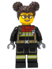 LEGO Fire - Female, Black Jacket and Legs with Reflective Stripes and Red Collar, Dark Brown Hair with Buns minifigure