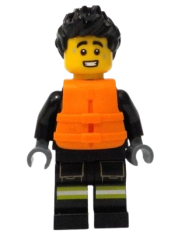 LEGO Fire - Male, Black Jacket and Legs with Reflective Stripes, Black Spiked Hair, Orange Life Jacket  minifigure