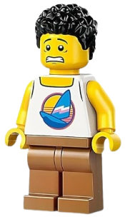 LEGO Barbequer - Male, White Tank Top with Dark Azure Sailboat, Medium Nougat Legs, Black Short Coiled Hair minifigure