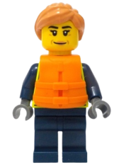 LEGO Police - City Officer Female, Neon Yellow Safety Vest, Orange Life Jacket, Nougat Hair minifigure