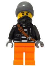 LEGO Police - City Bandit Crook Male, Black Jacket, Orange Legs, Dark Bluish Gray Beanie, Black Bandana minifigure