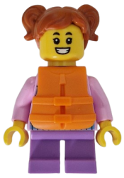 LEGO Child - Girl, Bright Pink Hoodie with Medium Blue and White Diagonal Stripes, Medium Lavender Short Legs, Dark Orange Hair with Pigtails, Orange Life Jacket minifigure