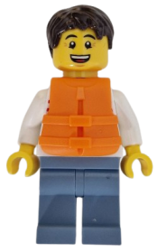 LEGO Sailboat Driver - Male, White Sweater with Red Horizontal Stripes, Sand Blue Legs, Dark Brown Short Tousled Hair, Orange Life Jacket minifigure