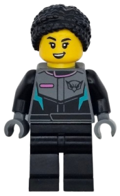 LEGO Race Car Driver - Female, Black, Dark Bluish Gray and Dark Turquoise Racing Suit with Hawk, Black Legs and Braided Hair with Knot Bun minifigure