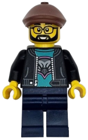 LEGO Race Truck Driver - Male, Black Jacket over Dark Turquoise Shirt with Hawk, Dark Blue Legs, Reddish Brown Flat Cap minifigure