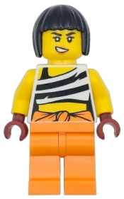 LEGO Police - City Bandit Crook Female, White Shirt with Black Prison Stripes and Orange Waistband, Orange Legs, Black Bob Cut Hair Short

 minifigure