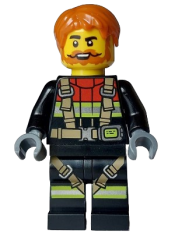 LEGO Fire - Male, Black Jacket and Legs with Reflective Stripes, Harness and Red Collar, Dark Orange Hair, Beard and Moustache minifigure