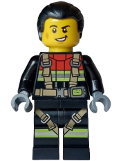 LEGO Fire - Male, Black Jacket and Legs with Reflective Stripes, Harness and Red Collar, Black Hair Ponytail minifigure