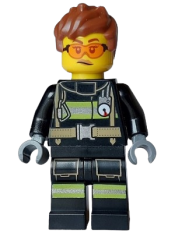 LEGO Fire - Female, Black Jacket and Legs with Reflective Stripes, Reddish Brown Messy Hair, Safety Glasses minifigure