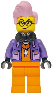 LEGO Police - City Jail Prisoner Female, Orange Prison Jumpsuit, Dark Purple Jacket, Black Headphones, Bright Pink Hair, Black Glasses minifigure