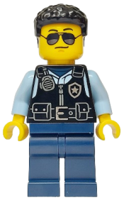 LEGO Police - City Officer Male, Black Safety Vest with Silver Star Badge Logo, Dark Blue Legs, Black Hair, Sunglasses minifigure