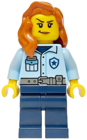 LEGO Police - City Officer Female, Bright Light Blue Shirt, Dark Blue Legs, Dark Orange Hair over Shoulder minifigure