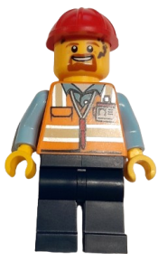 LEGO Construction Worker - Male, Orange Safety Vest with Reflective Stripes, Dark Blue Legs, Red Construction Helmet minifigure