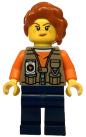 LEGO Jungle Photographer - Female, Dark Tan Vest over Orange Shirt, Dark Blue Legs, Dark Orange Hair minifigure