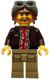 LEGO Jungle Pilot - Male, Dark Brown Jacket over Red Shirt, Dark Tan Legs, Reddish Brown Aviator Cap, Dark Bluish Gray Goggles minifigure