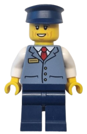 LEGO Bus Driver - Male, Sand Blue Vest over White Shirt, Dark Blue Legs and Hat minifigure