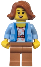 LEGO Bus Passenger - Female, Bright Light Blue Jacket over White Shirt with Coral Flowers, Medium Nougat Legs, Dark Orange Hair minifigure