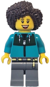 LEGO Bus Passenger - Female, Dark Turquoise Jacket with Dark Green Panel, Dark Bluish Gray Legs, Dark Brown Hair minifigure