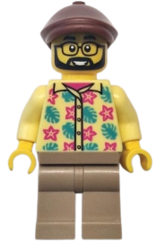 LEGO Bus Passenger - Male, Bright Light Yellow Shirt with Flowers and Leaves, Dark Tan Legs, Reddish Brown Flat Cap minifigure