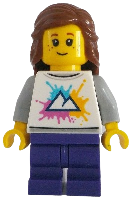 LEGO Tram Passenger - Female, White Shirt with Mountains Logo, Dark Purple Medium Legs, Reddish Brown Hair, Freckles minifigure