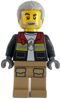 LEGO Fire - Male, Black Open Jacket with Reflective Stripes and Red Collar, Dark Tan Legs, Light Bluish Gray Coiled Hair minifigure