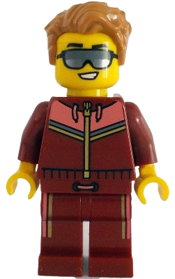 LEGO Tram Passenger - Male, Dark Red and Coral Jogging Suit, Medium Nougat Hair, Sunglasses minifigure