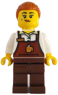 LEGO Barista - Female, Reddish Brown Apron with Cup and Name Tag, Reddish Brown Legs, Dark Orange Hair minifigure