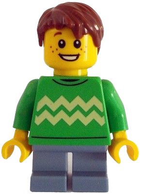 LEGO Child - Boy, Bright Green Sweater with Bright Light Yellow Zigzag Lines, Sand Blue Short Legs, Reddish Brown Hair minifigure