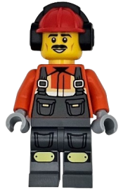 LEGO Construction Worker - Male, Dark Bluish Gray Overalls over Reddish Orange Safety Jacket with Reflective Stripes, Dark Bluish Gray Legs with Knee Pads, Red Construction Helmet with Black Ear Protectors / Headphones, Moustache set
