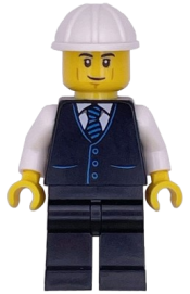 LEGO Construction Engineer / Architect - Male, Black Vest with Blue Striped Tie, Black Legs, White Construction Helmet, Lopsided Grin set