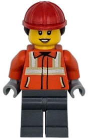 LEGO Construction Worker - Female, Reddish Orange Safety Jacket with Reflective Stripes, Dark Bluish Gray Legs, Red Construction Helmet with Dark Brown Ponytail Hair, Hearing Aid set