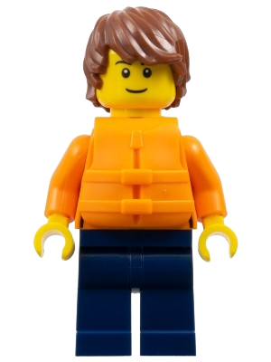 LEGO Man - Reddish Brown Hair, Orange Jacket and Life Jacket, Dark Blue Legs minifigure