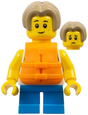 LEGO Child - Boy, White Tank Top with Dark Azure Sailboat, Dark Azure Short Legs, Dark Tan Bowl Cut Hair, Orange Life Jacket minifigure