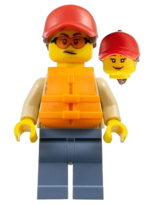 LEGO Woman - Red Cap, Reddish Brown Ponytail, Orange Life Jacket, Sand Blue Legs minifigure