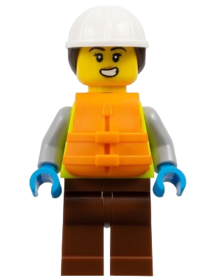 LEGO Dock Worker - Female, Neon Yellow Safety Vest, Reddish Brown Legs, White Construction Helmet with Dark Brown Ponytail Hair, Orange Life Jacket minifigure