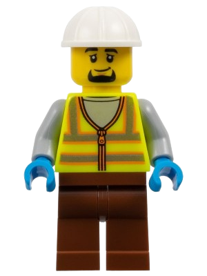 LEGO Dock Worker - Male, Neon Yellow Reflective Vest, Reddish Brown Legs, White Construction Helmet, Goatee minifigure