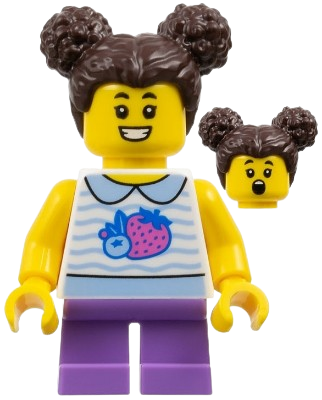 LEGO Child - Girl, White Collared Shirt with Fruit, Medium Lavender Short Legs, Dark Brown Hair with Buns minifigure