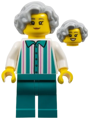 LEGO Harbor Shop Worker - Female, Light Bluish Gray Hair, White Shirt with Stripes, Dark Turquoise Legs minifigure