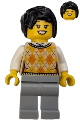 LEGO Hot Dog Stand Customer - Female, Tan Knit Argyle Sweater Vest, Light Bluish Gray Legs, Black Hair minifigure