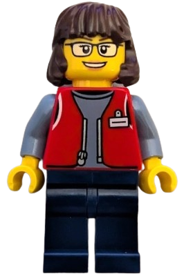 LEGO Forklift Driver - Female, Red Vest over Sand Blue Shirt, Dark Blue Legs, Dark Brown Hair minifigure