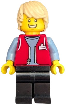 LEGO Forklift Driver - Male, Red Vest over Sand Blue Shirt, Black Legs, Tan Hair minifigure