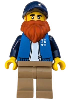 LEGO LEGO Truck Driver - Male, Blue Jacket over White Shirt, Dark Tan Legs, Dark Blue Cap, Dark Orange Beard minifigure