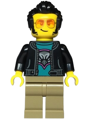 LEGO Sports Car Driver - Male, Black Jacket over Dark Turquoise Shirt with Hawk Head Logo, Dark Tan Legs, Black Hair, Sunglasses minifigure