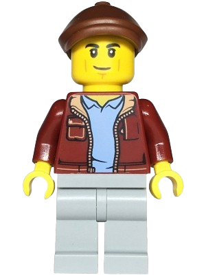 LEGO Car Transporter Driver - Male, Dark Red Jacket, Light Bluish Gray Legs, Reddish Brown Flat Cap minifigure