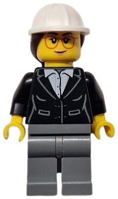 LEGO Construction Engineer / Architect - Female, Black Suit Jacket with White Button Up Shirt, Dark Bluish Gray Legs, White Construction Helmet with Dark Brown Ponytail Hair, Glasses minifigure