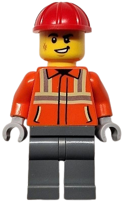 LEGO Construction Worker - Male, Reddish Orange Safety Jacket with Reflective Stripes, Dark Bluish Gray Legs, Red Construction Helmet minifigure