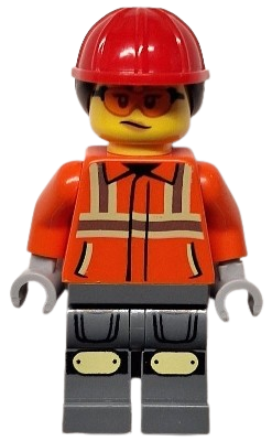 LEGO Construction Worker - Female, Reddish Orange Safety Jacket with Reflective Stripes, Dark Bluish Gray Legs with Knee Pads, Red Construction Helmet with Dark Brown Ponytail Hair, Safety Glasses minifigure